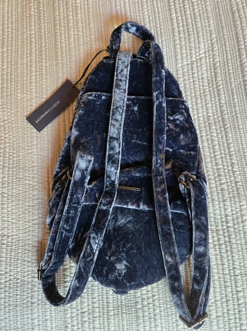 Rebecca Minkoff Dark Blue Velvet Mini Backpack with Gold Zippers